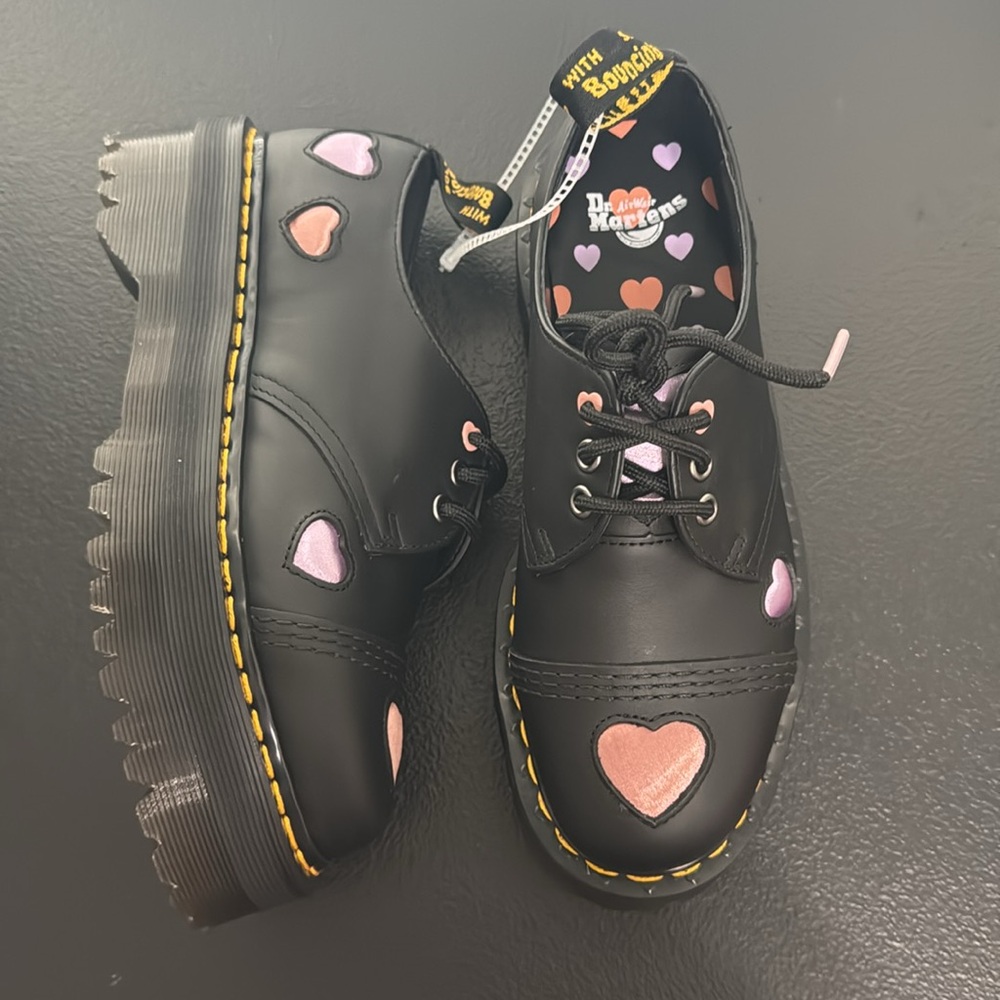 Dr. Martens Black Platform Oxfords with Pink Heart Accents - Picture 7 of 16
